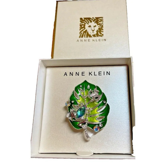 Anne Klein Green Leaf Abalone Detail Silver Frog Pave Accent Lapel Brooch Pin - Picture 2 of 4